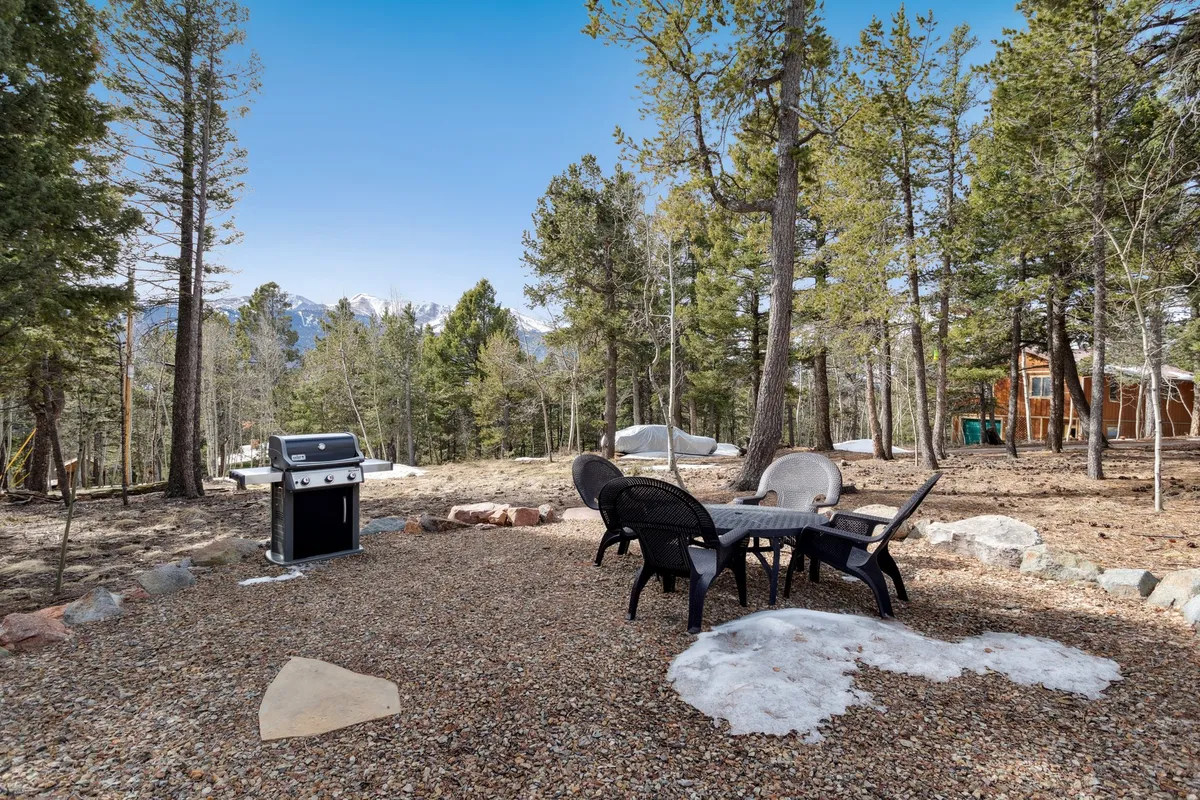 An exterior view featuring a grill and outdoor dining table set amidst surrounding trees and backed by a mountain view. The scene is designed for gatherings, with a relaxed, social atmosphere ideal for barbecues or outdoor family meals.