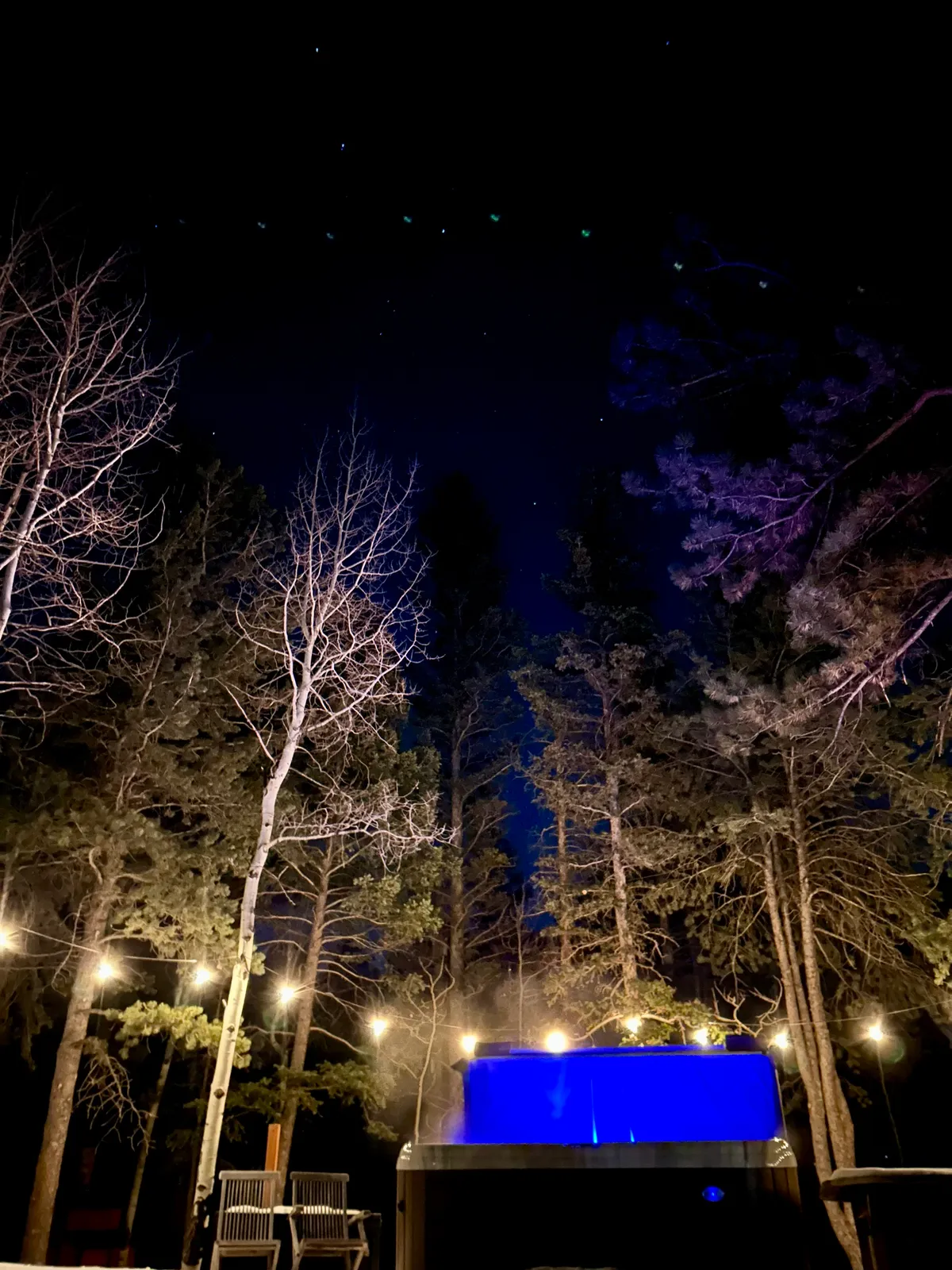 This image showcases a hot tub illuminated with blue lighting, surrounded by string lights and tall trees in the background. The scene is set for relaxation, with the hot tub inviting guests to unwind beneath the stars in a serene, natural setting.